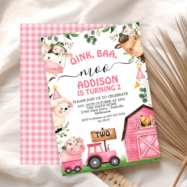 Convites Raparigas Trator de Casca Rosa-Fazenda (Oink Baa Moo Pink Farm Birthday Invitation, Pink Tractor Pink Barn Farmyard Animals Barnyard Invite)
