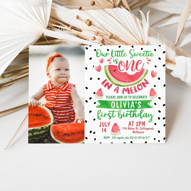 Convites Raparigas Verdes Verdes Em Um primeiro aniversario (Photo One in a Melon Birthday Invitation Template, Red Watermelon First Birthday Invitation, )