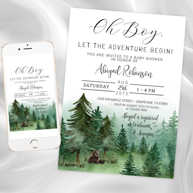 Convites Rapaz Woodland Bear Oh Boy Chá de fraldas (Woodland bear baby shower invitation. Instant download and printed invitations available.)