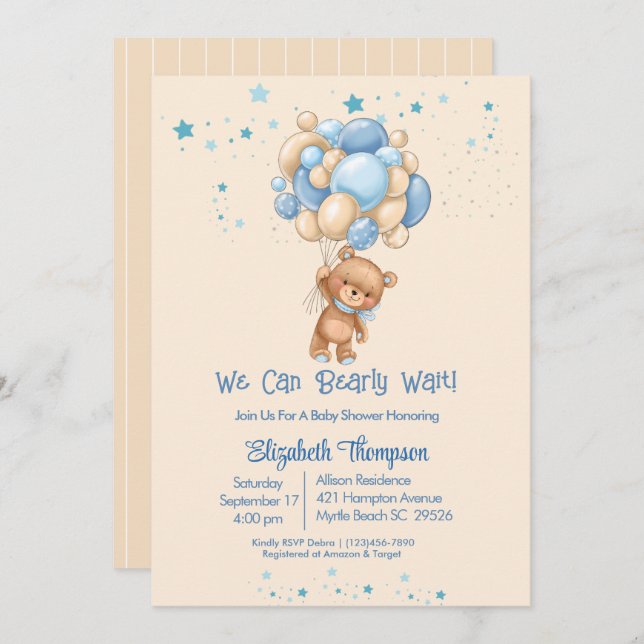 Convites Rapazes, Balões de Urso de Teddy, Chá de fraldas d (Frente/Verso)