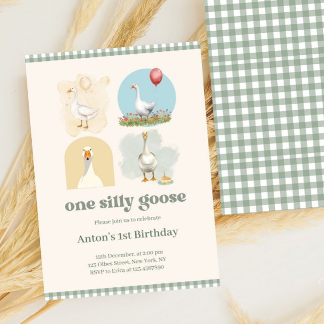 Convites Rapazes Um Bobo Fica Azul Primeiro Aniversário Gin (one silly goose, 1st birthday, farm, boys first birthday boy, blue gingham, whimsical, sage green, b)