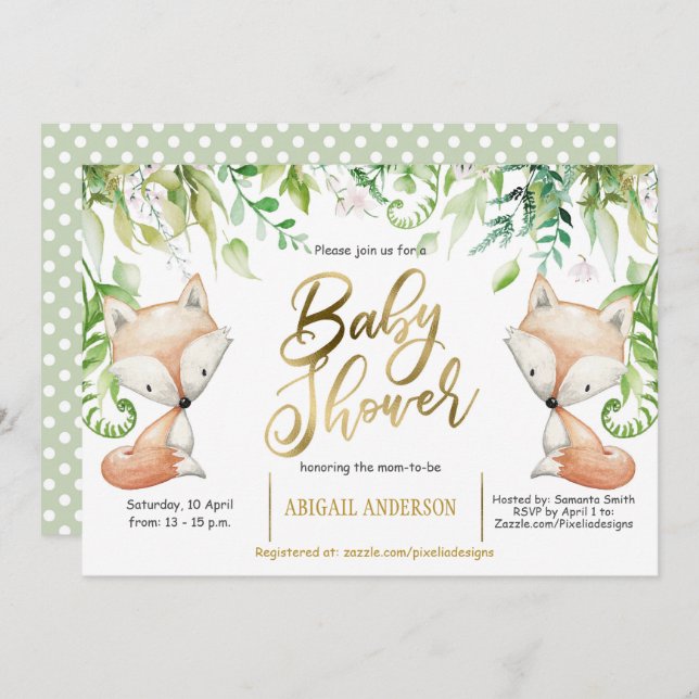 Convites Raposa-da-floresta, verde, faux Dourado Baby Boy C (Frente/Verso)