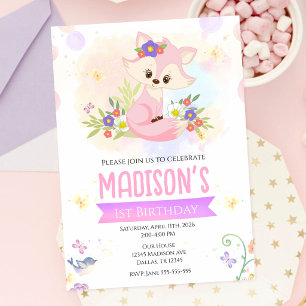 Convites Raposa Menina Floral da Floresta Fofa Aniversário