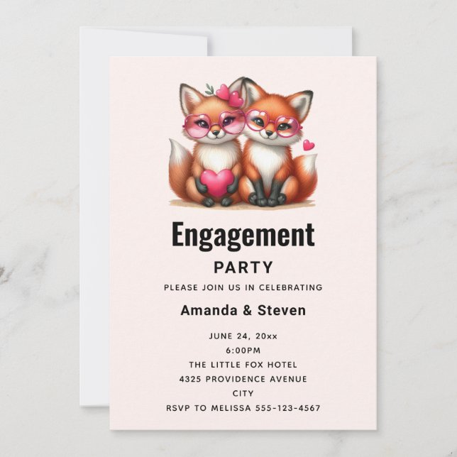 Convites Raposas Laranja Cuja Festa de noivado de Amor (Frente)