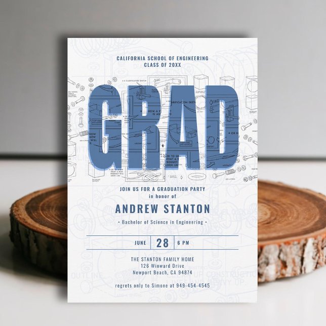 Convites Rascunho Moderno do Formando de Graduação de Engen (engineering engineer graduation ceremony party invitation white blue grad modern minimalist elegant)