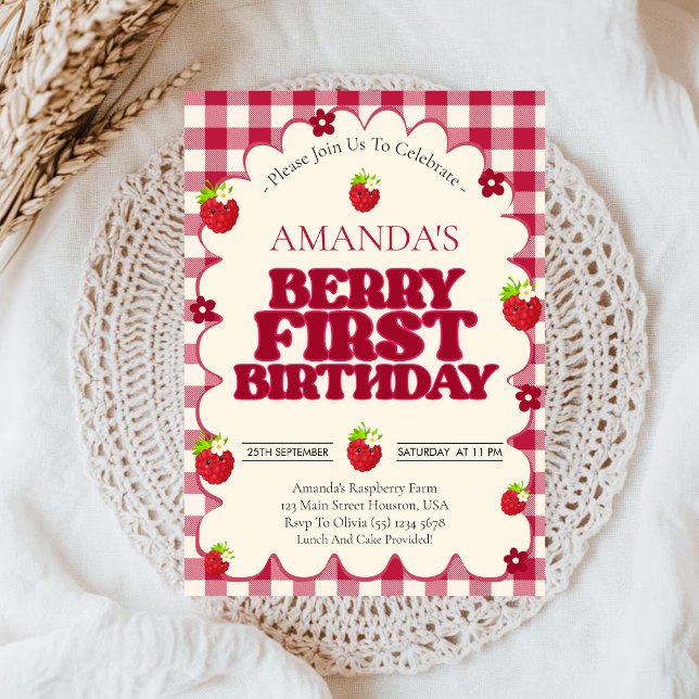 Convites Raspberry Berry First 1st Birthday Party  (Criador carregado)