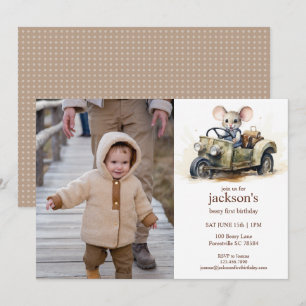 Convites Rato em Aquarela Fofo em Carro Verde para 1º Anive