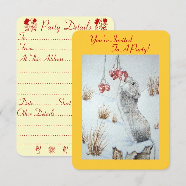Convites Rato giro comendo bagas e neve cena de natal (Frente/Verso)