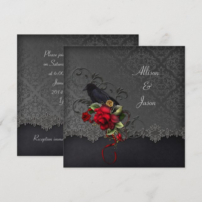 Convites Raven Rosas Vermelhas Damasco Preto Cinza (Frente/Verso)