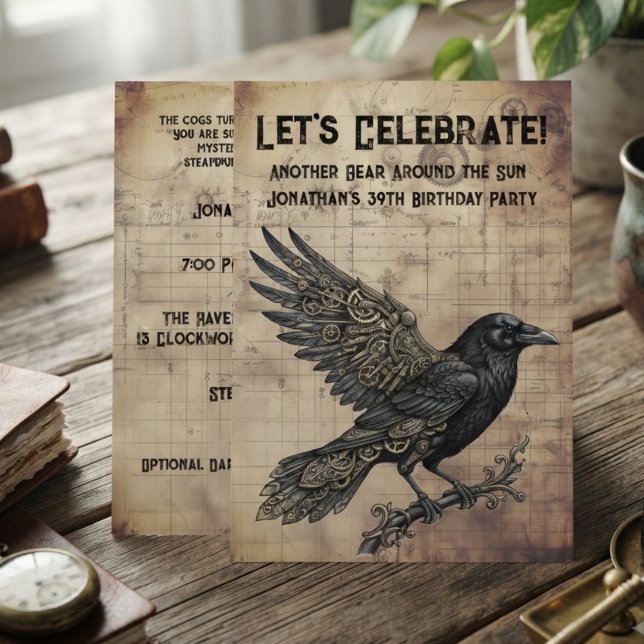 Convites Raven Steampunk Gótico (Sepia steampunk raven invitation card for adult birthday celebration.)