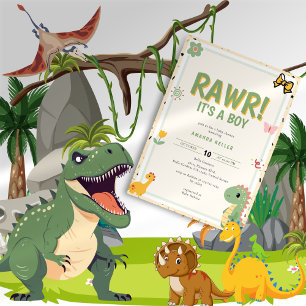 Convites RAWR! É um menino - Chá de fraldas de dinossauro b