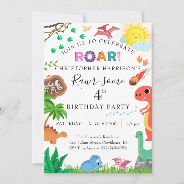 Convites Rawr-some Dinosaur 4th Birthday Party (Frente)