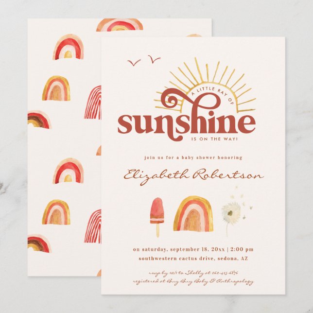 Convites Ray of Sunshine | Chá de fraldas Boho (Frente/Verso)