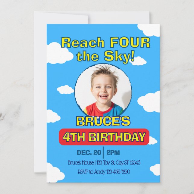 Convites Reach FOUR the Sky, Picture Clouds 4th Birthday (Frente)