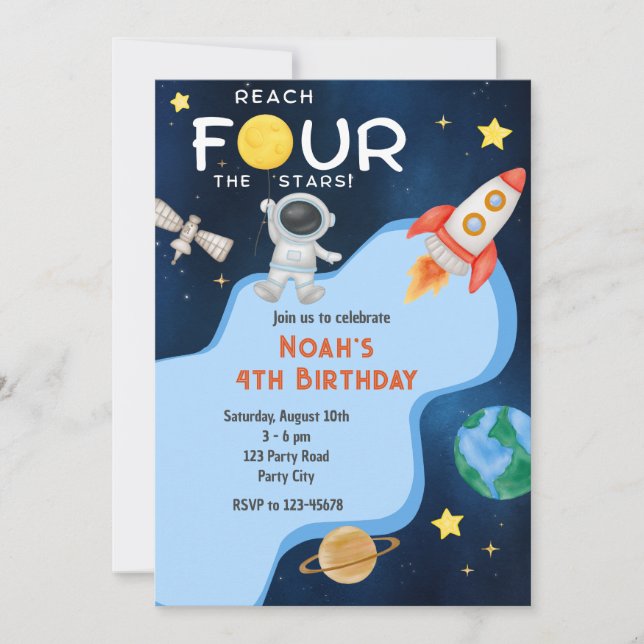 Convites Reach Four The Stars 4th Birthday Invitation Space (Frente)