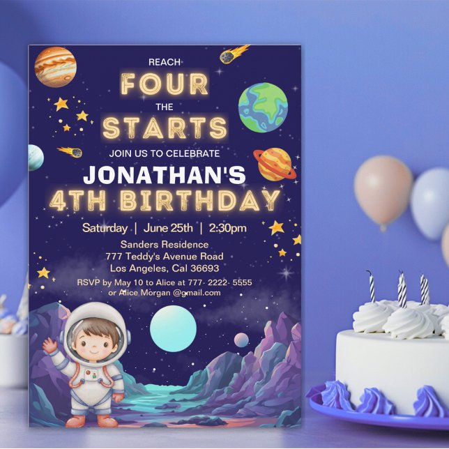 Convites Reach Four the Stars Space Boy Birthday 4 (Criador carregado)