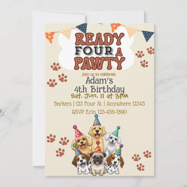 Convites Ready FOUR a Pawty, Dog 4th Birthday Invitation (Frente)