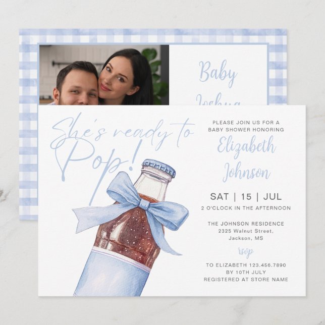 Convites Ready To Pop Blue Soda Bottle Baby Shower Photo (Frente/Verso)