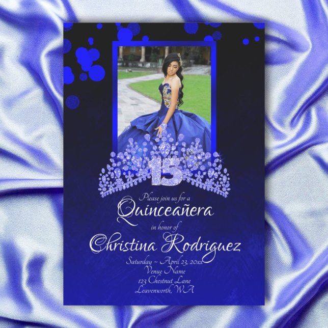 Convites Real Azul, Azul Claro Tiara Rhineston Quinceanera (Royal blue, light blue rhinestones tiara, blue glitter 15 quinceanera invitation)