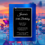 Convites Real Azul e Folha Prateada Preta 50º Aniversário<br><div class="desc">Crie o seu próprio convite para comemoração de aniversário do na moda, estilo 5x7, para ela. O fundo decorativo apresenta uma folha azul real brilhante e clara, uma folha prateada e uma cobertura retangular preta sólida. Mova ou exclua o gráfico cintilante branco sujo. Personalize os estilos de fonte branca, cor...</div>