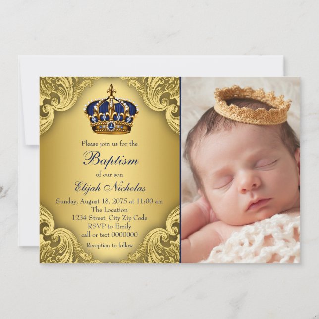 Convites Real Blue Dourado Príncipe Crown Baptism (Frente)