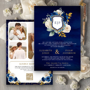 Convites Real Blue Floral Código QR Foto Crest Casamento