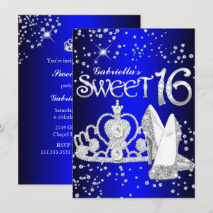 Convites Real Blue Glitter Tiara & Heels Sweet 16 Invite