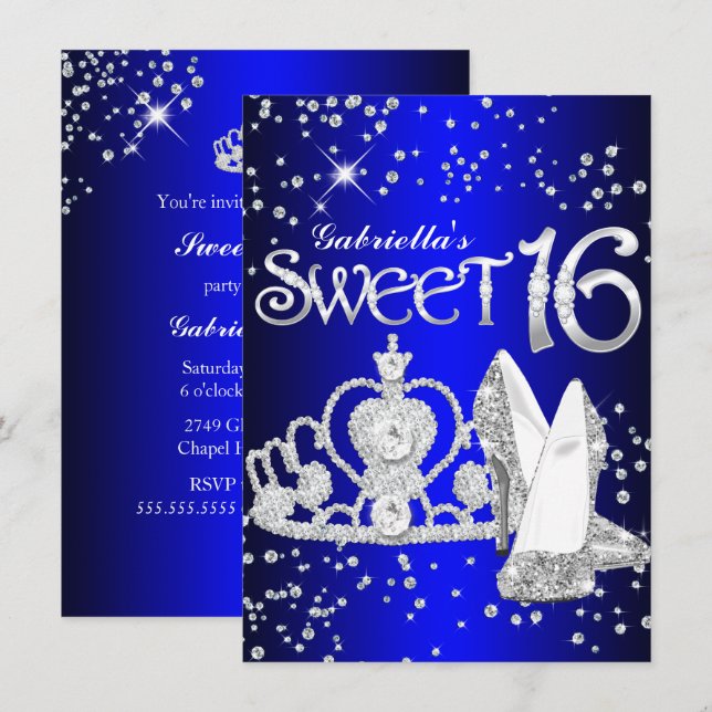 Convites Real Blue Glitter Tiara & Heels Sweet 16 Invite (Frente/Verso)