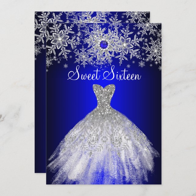 Convites Real Blue Pearl Silver Snowflake Sweet 16 (Frente/Verso)