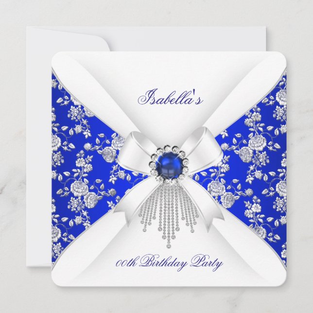 Convites Real Blue Rose White Damask Pearl Aniversário (Frente)