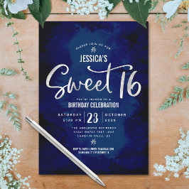 Convites Real Blue Silver Script Bold Sweet 16 Aniversário