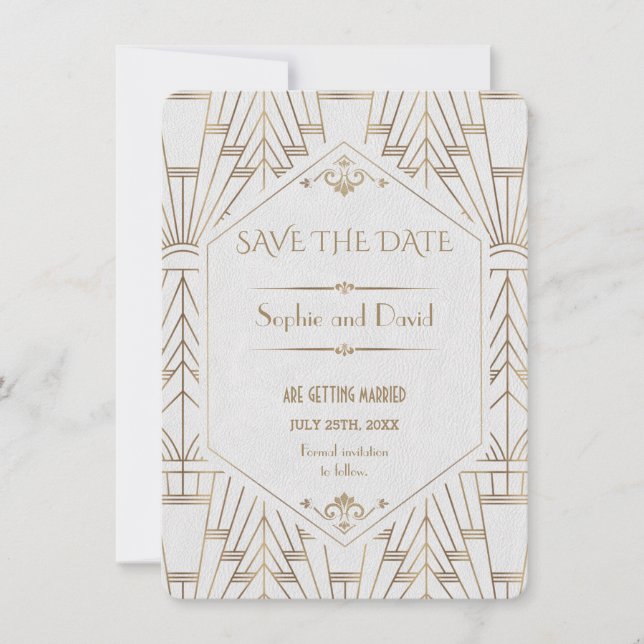 Convites Real Branco Dourado Grande Gatsby Salve A Data (Frente)