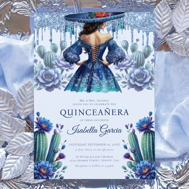 Convites Real Estilo Azul Mexicano Quinceañera (Criador carregado)