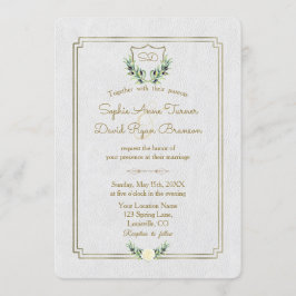 Convites Real Monograma Dourado Crest Greenery Casamento