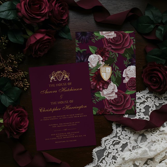 Convites Real Muse Medieval Fantasy Plum Floral Weding (Royal Muse Medieval Fantasy Plum Floral Wedding Invitation)