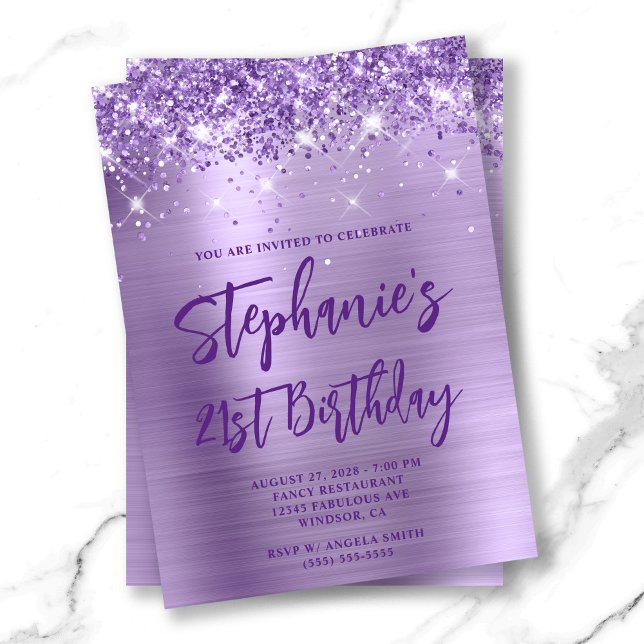 Convites Real Purple Glitter Foil Negrito 50º Aniversário (21st Birthday Invite - Brush Script Option)