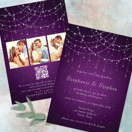 Convites Real Purple String Lights 3 Photo QR Code Casament