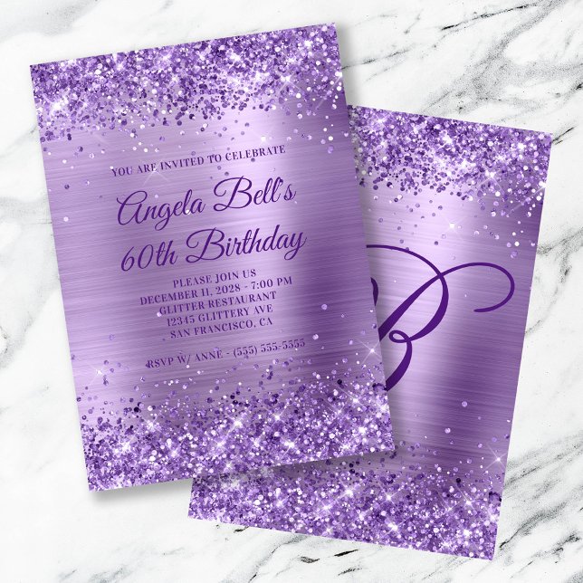 Convites Real Roxo-Lápida Esmagada Folha 60.o Aniversário (Royal Purple Glitter Brushed Foil 60th Birthday Invitation)