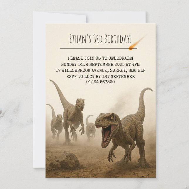 Convites Realistic Velociraptor Pack with Meteor Birthday (Frente)