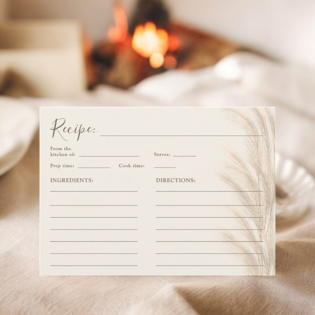 Convites Receita de casamento com grama de pampas bege boho (Boho beige pampas grass watercolor bridal recipe invitation)