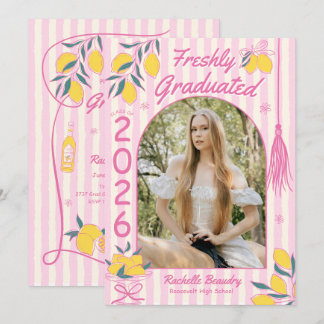 Convites Recém-Formado Limão Cítrico Listras Rosa Graduada 