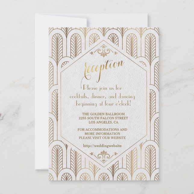 Convites Recepção Art Deco Great Gatsby em Branco e Dourado (Frente)