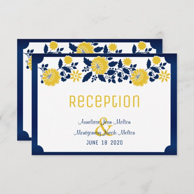 Convites Recepção - azul marinho e casamento floral amarelo (Frente/Verso)