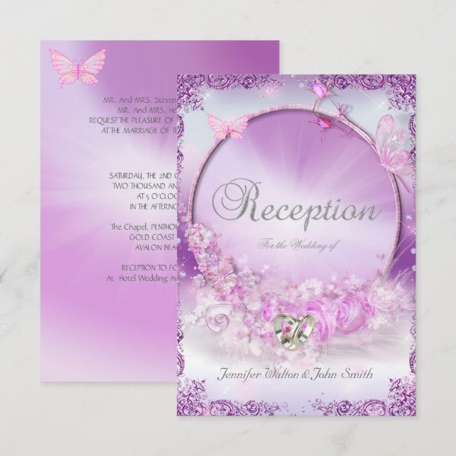 Convites Recepção Casamento Rosa Lilás Anéis Borboleta (Frente/Verso)
