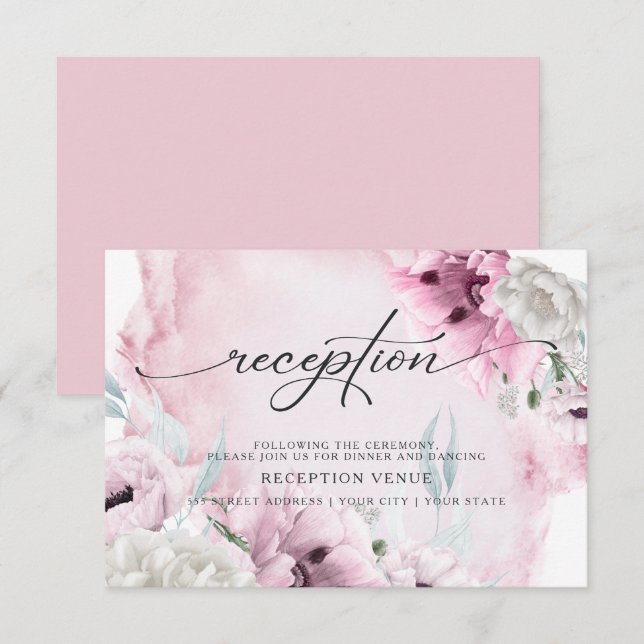 Convites Recepção de Aquarela Papoulas Rosa Rústico (Frente/Verso)