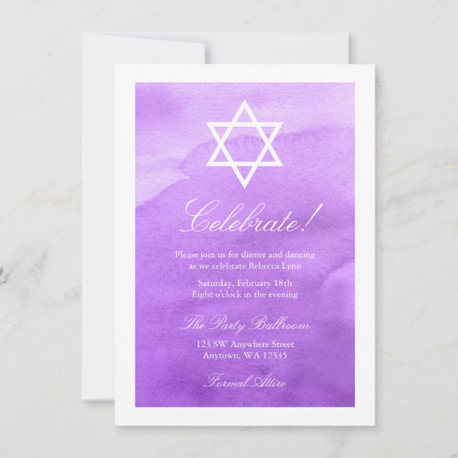 Convites Recepção de Bat Mitzvah com Aquarela Roxa (Frente)