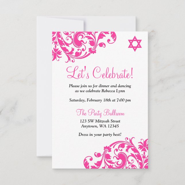 Convites Recepção de Bat Mitzvah Flourish, Rosa-Quente Eleg (Frente)