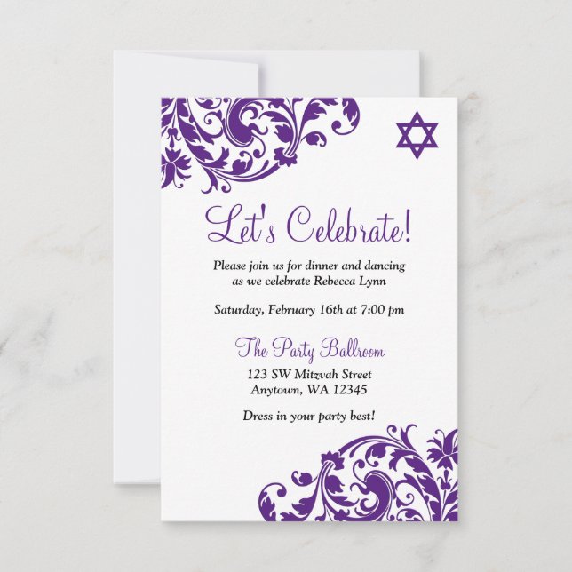 Convites Recepção de Bat Mitzvah Roxo Elegante (Frente)