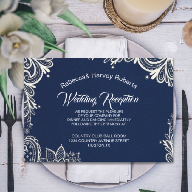 Convites recepção de casamento azul do marinho branco náuti (nautical white lace navy blue wedding reception invitation)