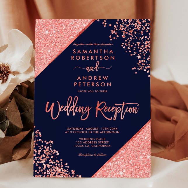 Convites Recepção de casamento azul do marinho de configura (Coral glitter confetti navy blue wedding reception invitation)